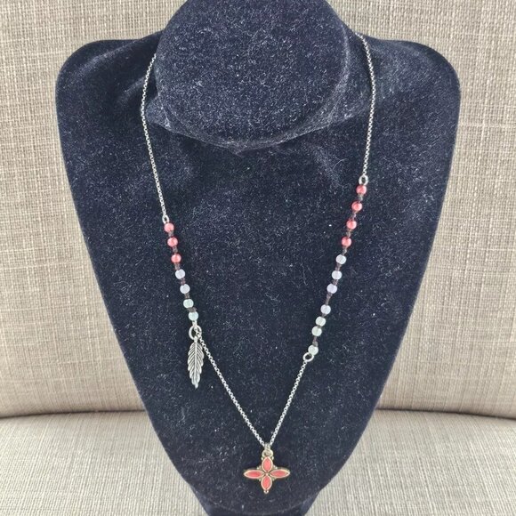 Vintage Necklace Brown Tone Chain Red Faux Stone Pendant Fashion Jewelry - Picture 3 of 10